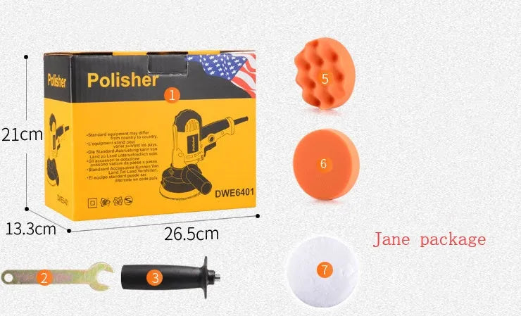 Yellow automobile polishing machine with 125mm disc for automotive metal, wood, tile and leather surfaces