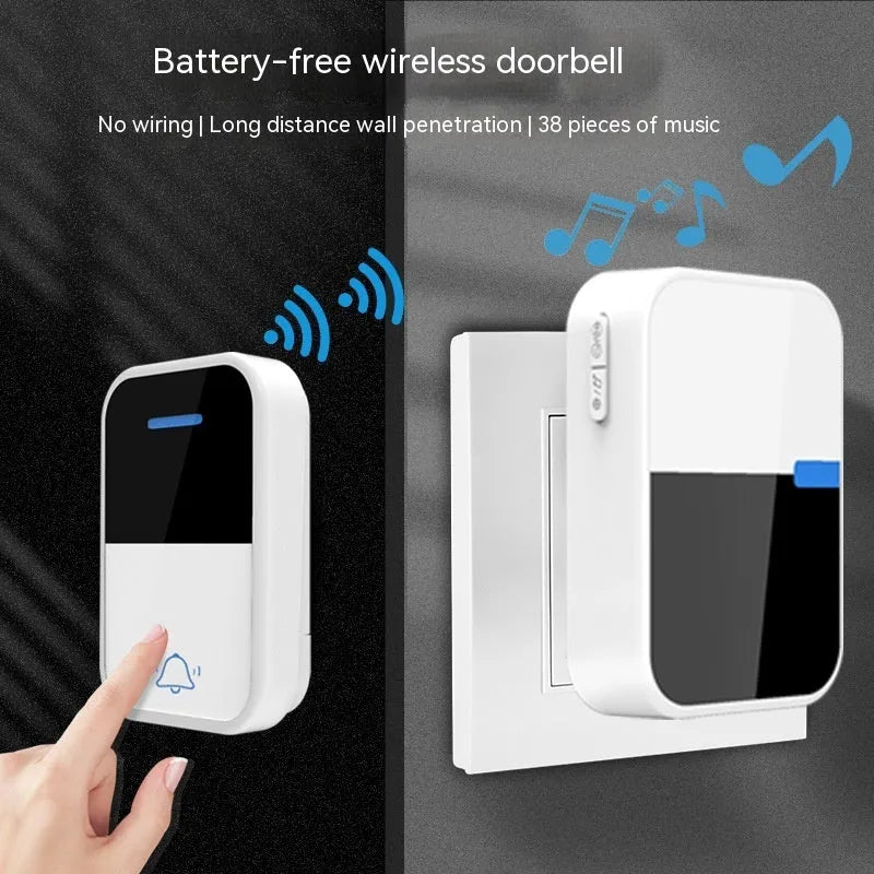 White plastic self-generating wireless doorbell with receiver and transmitter units showing modern design
