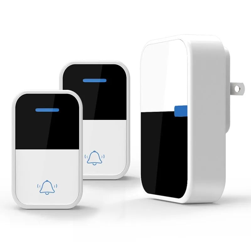 White plastic self-generating wireless doorbell with receiver and transmitter units showing modern design