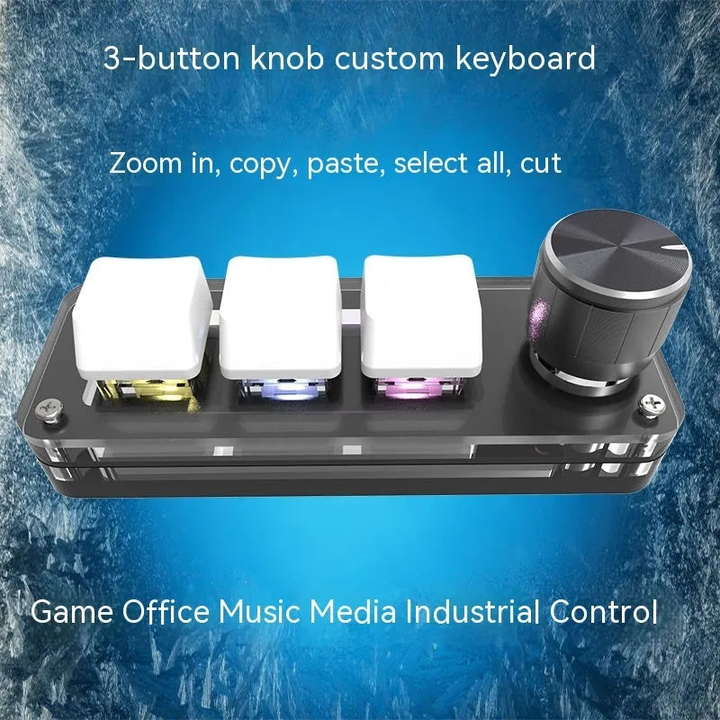 Black RGB backlit mini keyboard with copy and paste keys on desk