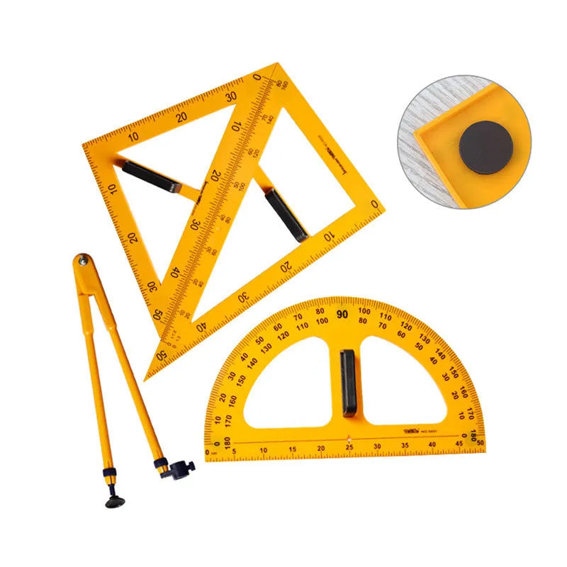 Orange and black plastic triangle ruler and protractor set with chalk compass mathematics teaching tools