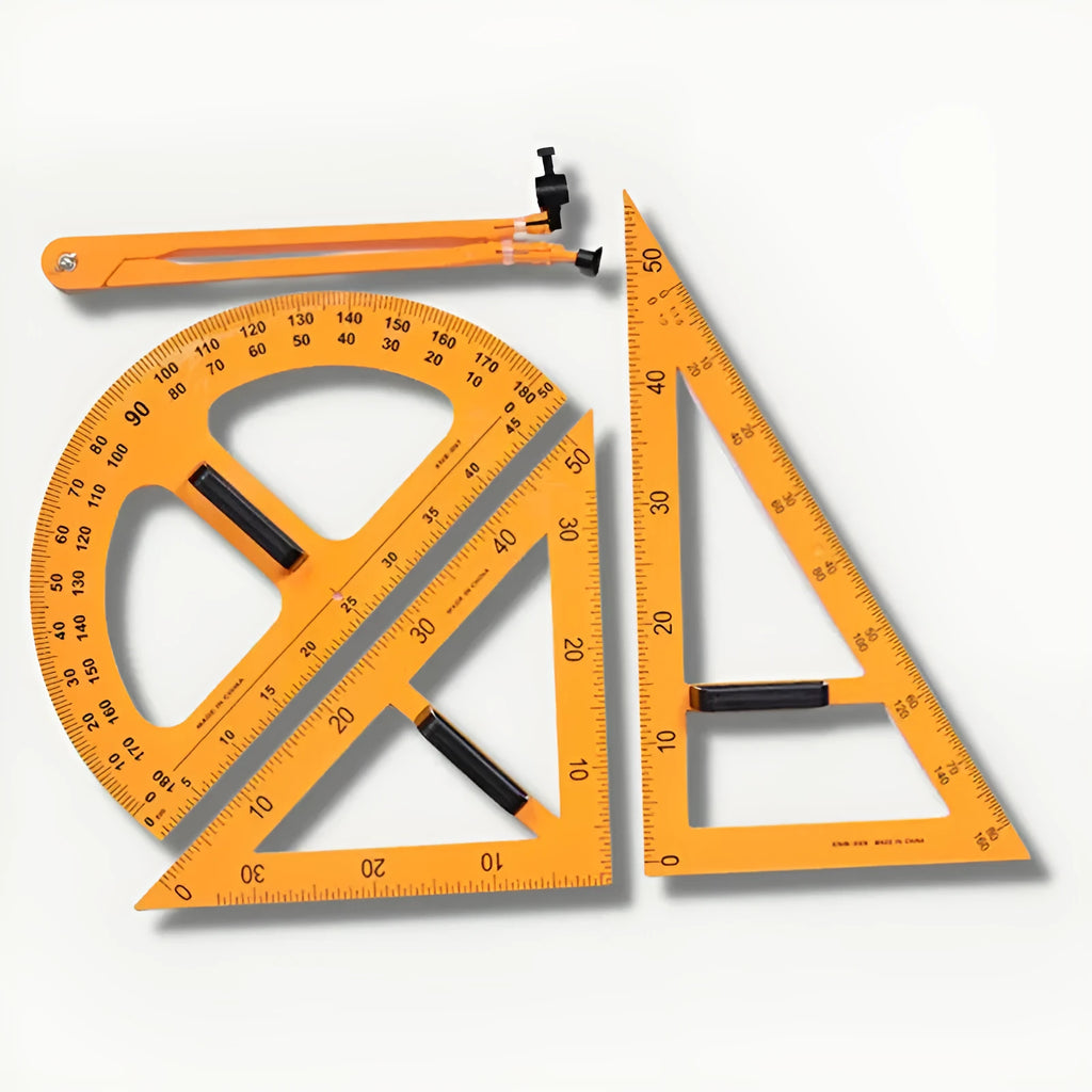 Orange and black plastic triangle ruler and protractor set with chalk compass mathematics teaching tools