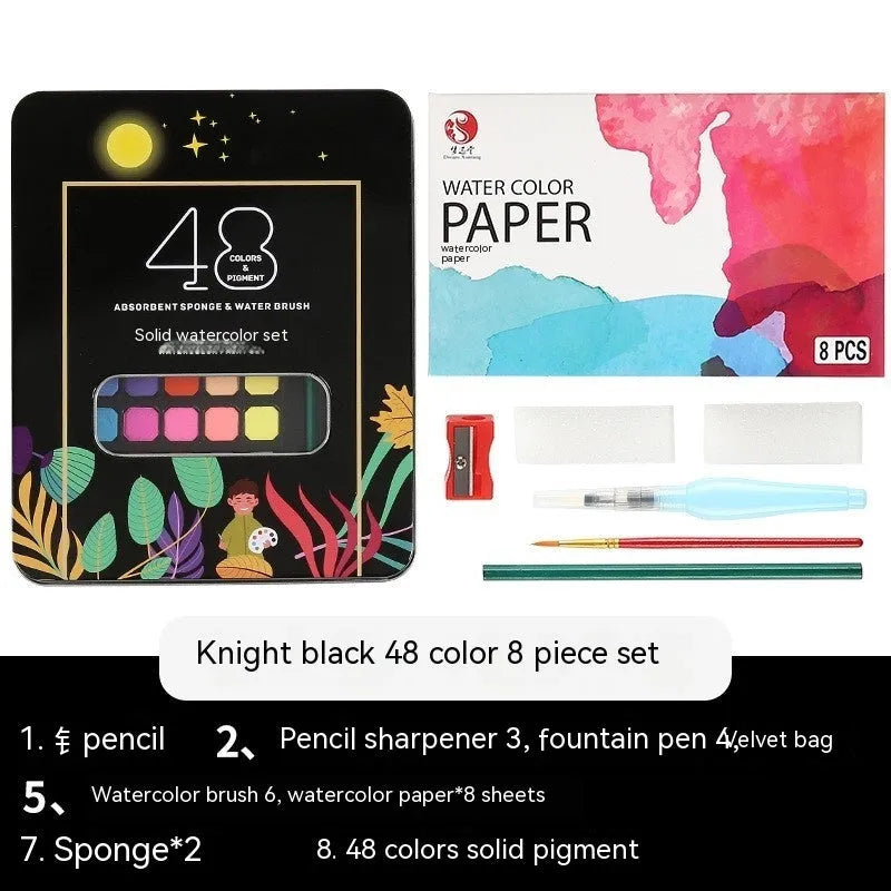 Box of solid watercolour paint set with 48 colours including Black Knight, Girl Pink, and Sunshine Blue.