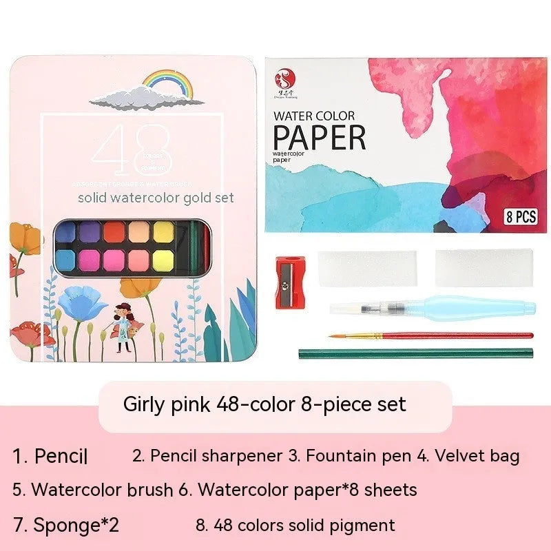 Box of solid watercolour paint set with 48 colours including Black Knight, Girl Pink, and Sunshine Blue.