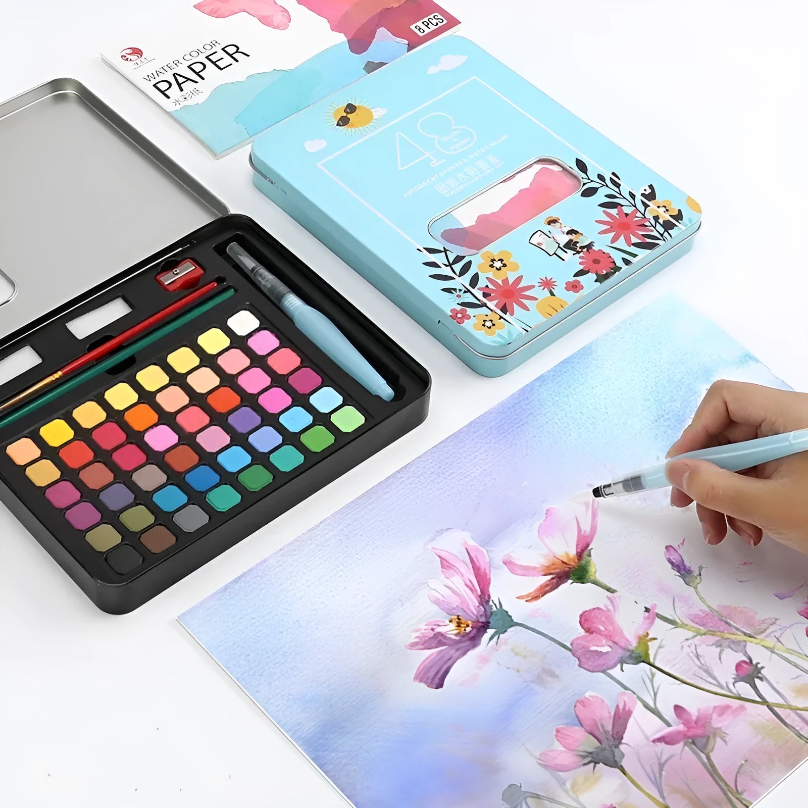 Box of solid watercolour paint set with 48 colours including Black Knight, Girl Pink, and Sunshine Blue.