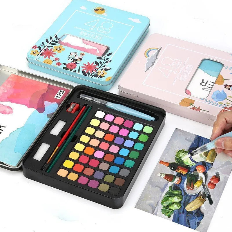 Box of solid watercolour paint set with 48 colours including Black Knight, Girl Pink, and Sunshine Blue.