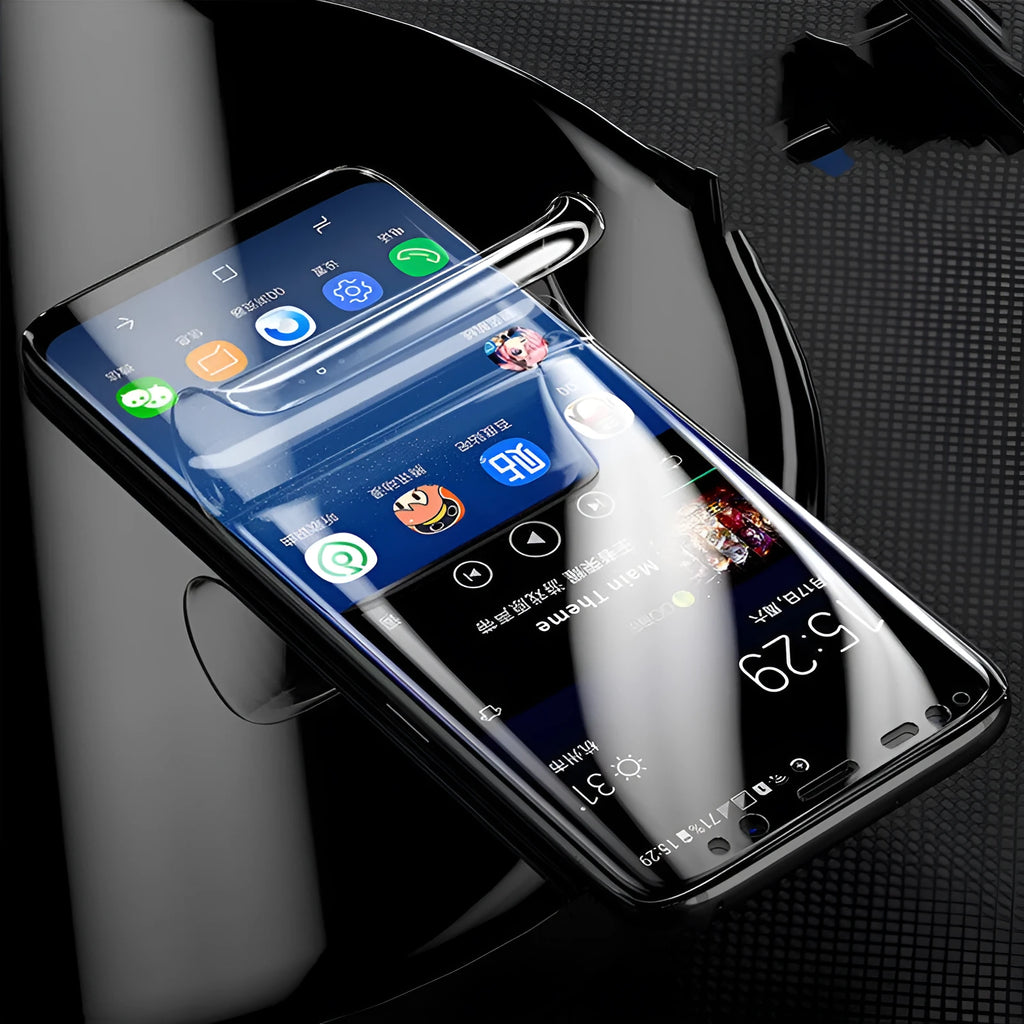 Curved hydraulic phone screen protector for Samsung Galaxy S series phones on a purple light background.