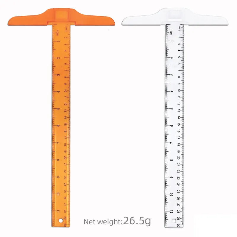 30cm plastic T-square ruler with dual measurement scales in transparent or orange colour