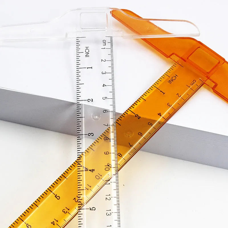 30cm plastic T-square ruler with dual measurement scales in transparent or orange colour