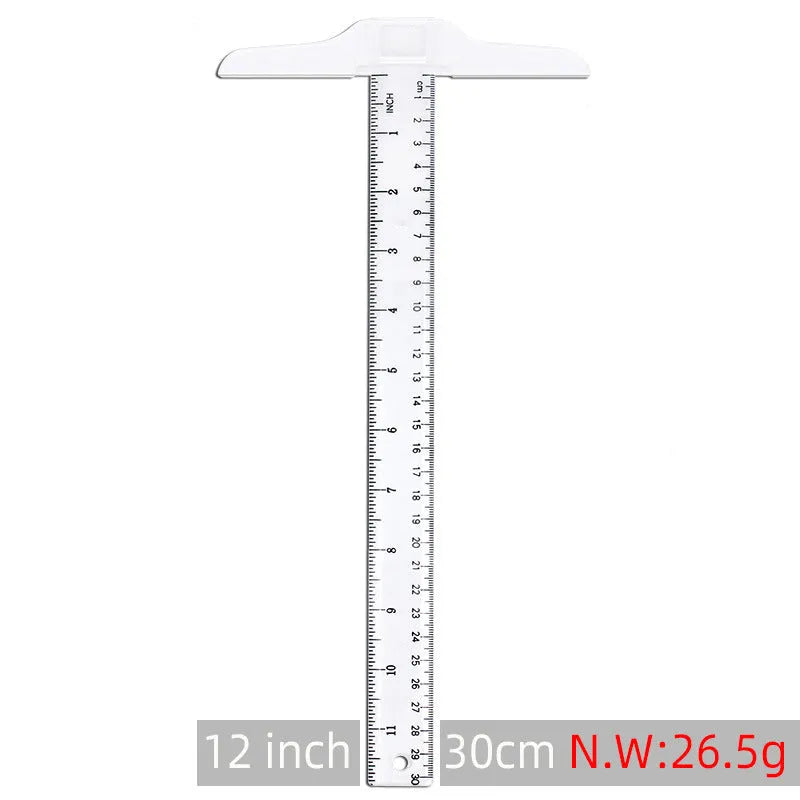30cm plastic T-square ruler with dual measurement scales in transparent or orange colour