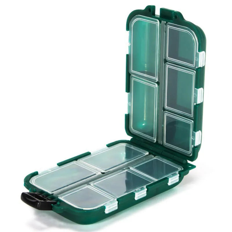 Plastic fishing tackle storage box with 10 compartments measuring 9.5 x 6.5 x 3 cm