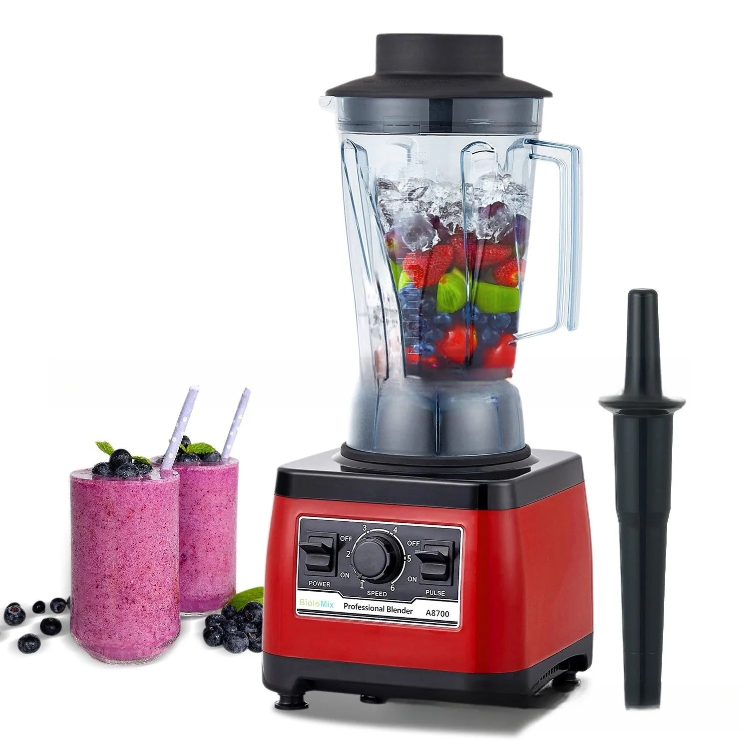 Red industrial-style commercial blender model A8700 with 2-litre jug and 2200W motor.
