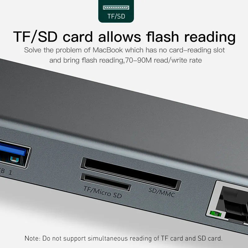 Grey aluminium USB C docking station with ten ports and an integrated laptop cooling bracket.