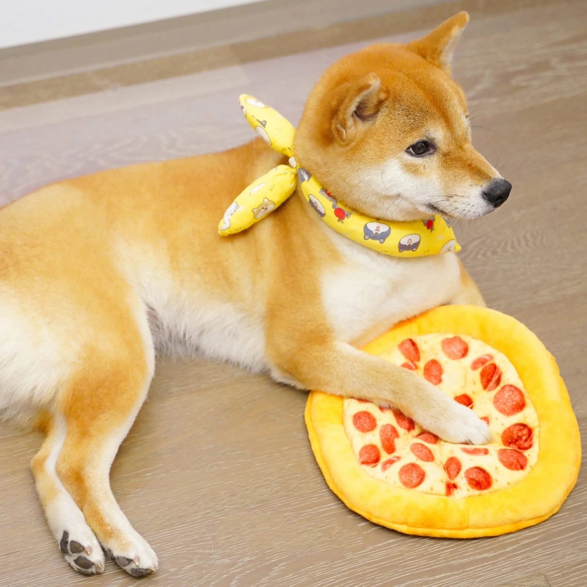 Yellow pizza slice dog chewing toy with squeaker made from teddy fabric