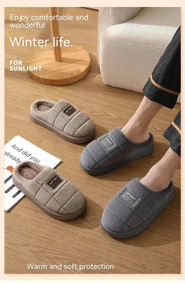 Men's grey brown household slippers with artificial wool lining and thick EVA sole