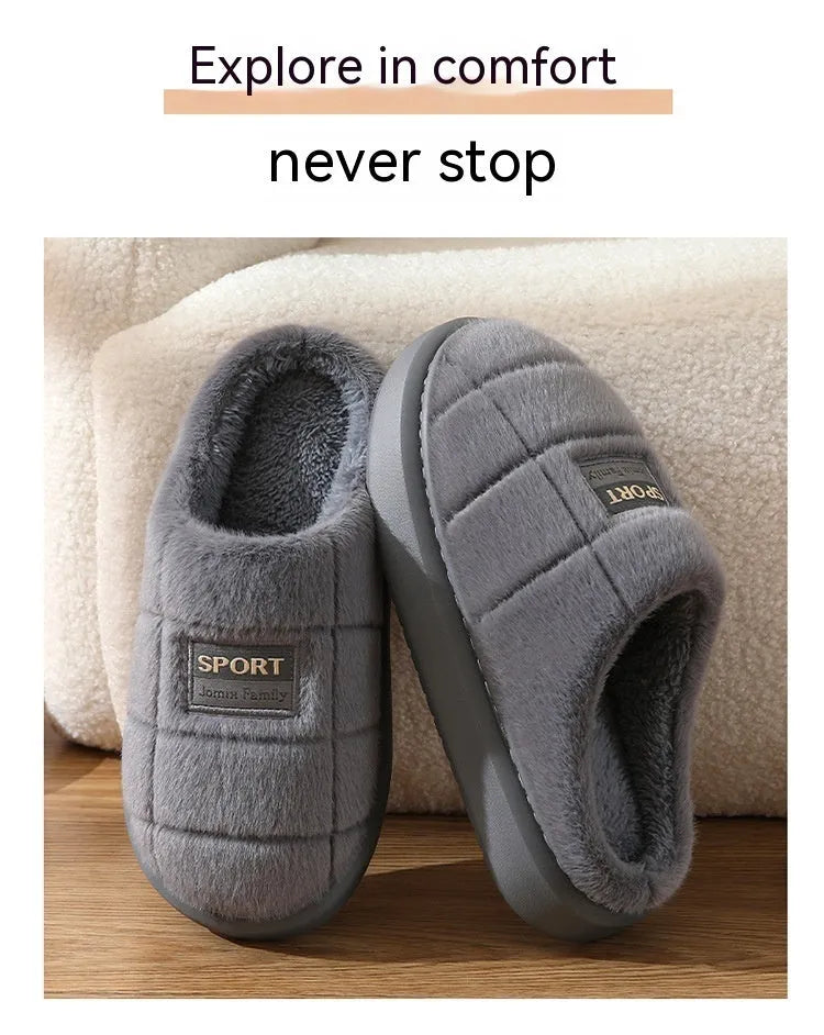 Men's grey brown household slippers with artificial wool lining and thick EVA sole