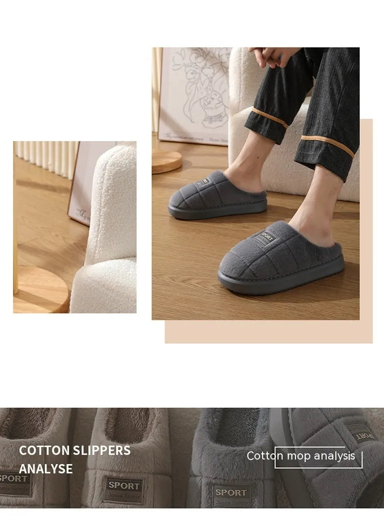 Men's grey brown household slippers with artificial wool lining and thick EVA sole