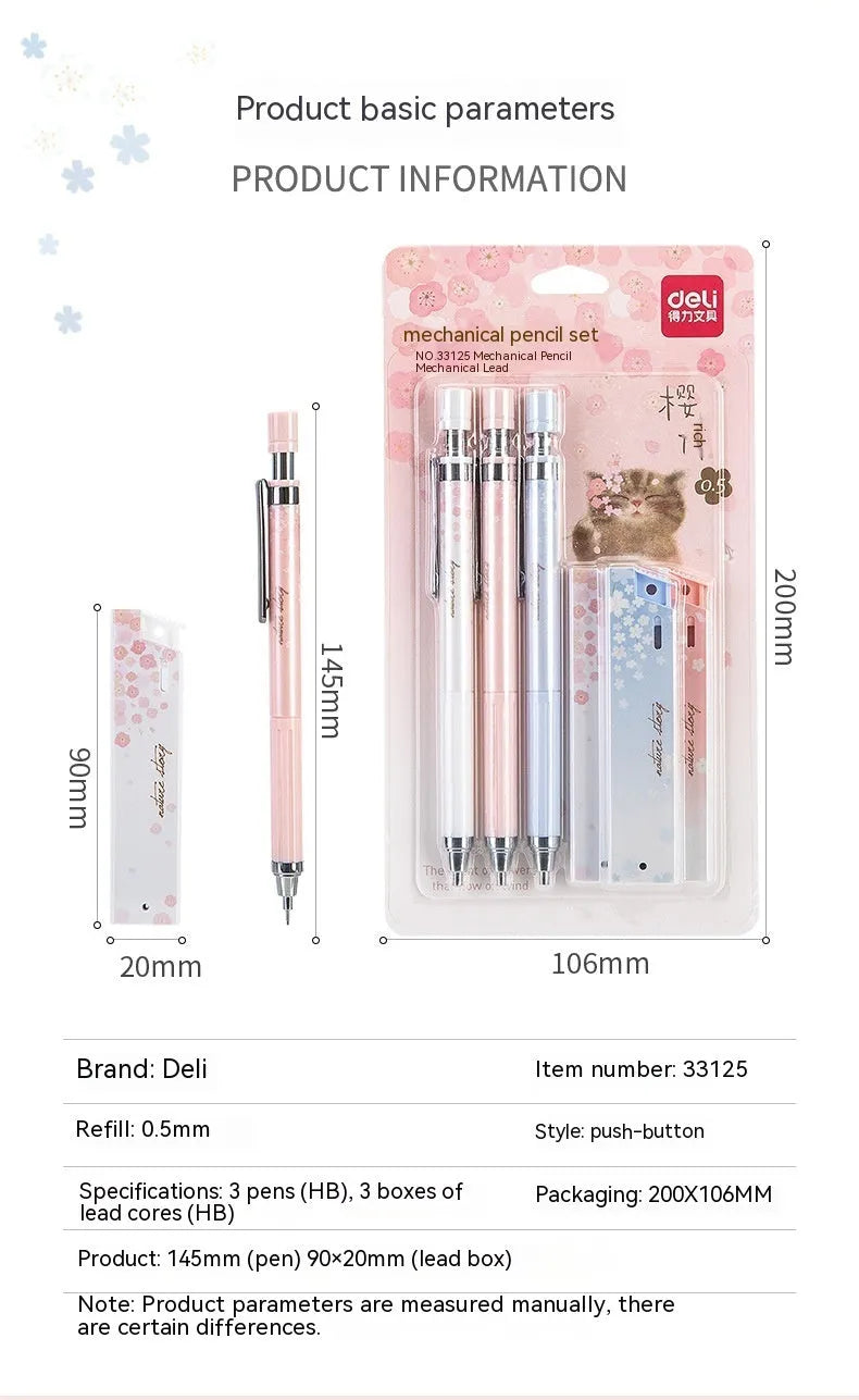 Set of three colourful cartoon-style 0.5mm automatic pencils with boxes of HB refills.