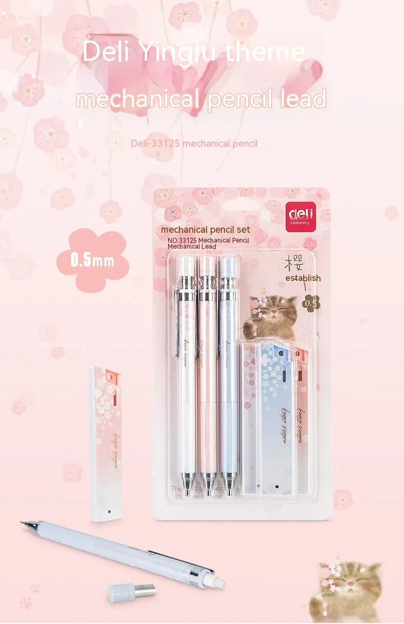 Set of three colourful cartoon-style 0.5mm automatic pencils with boxes of HB refills.
