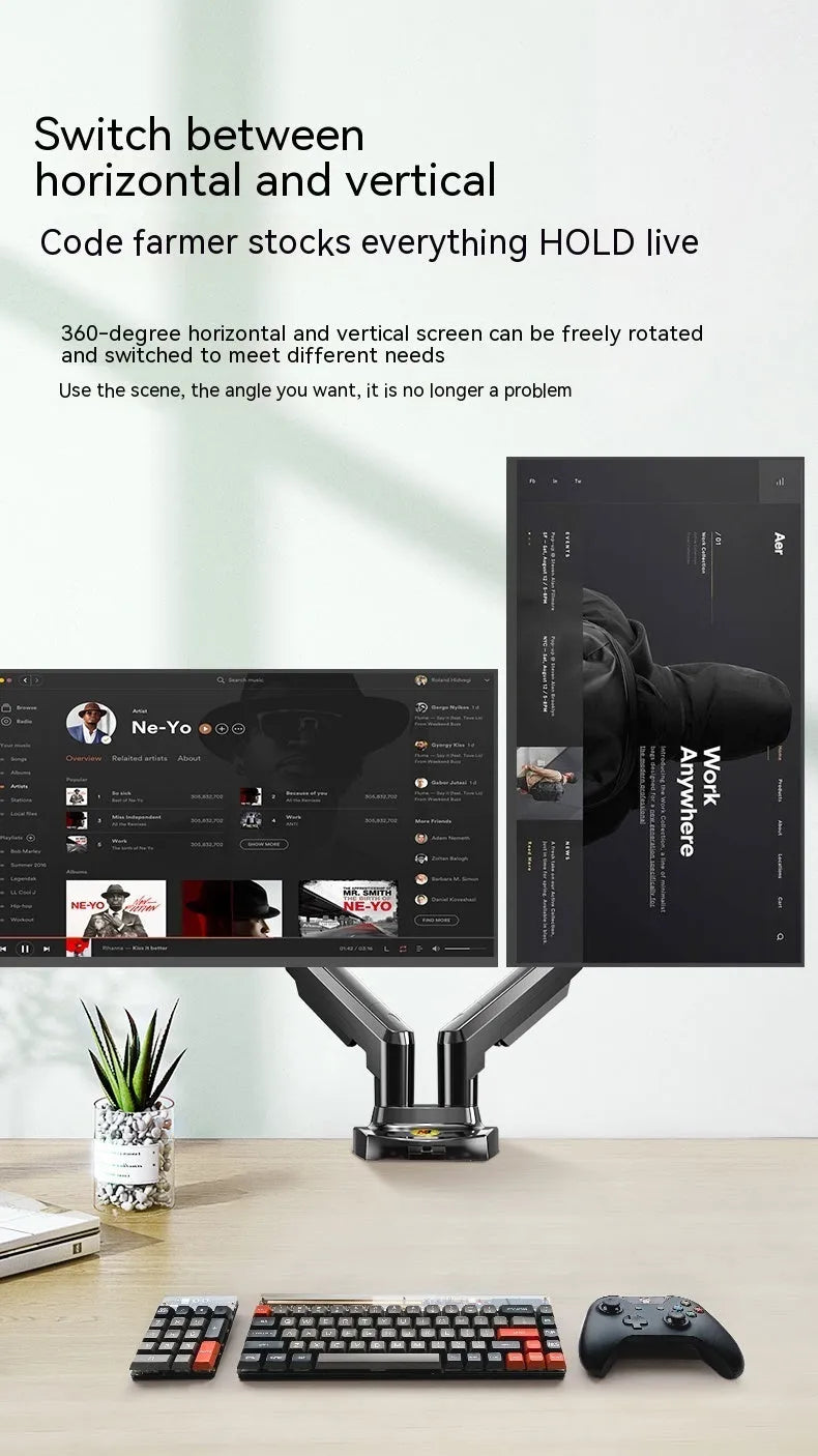 Dual screen monitor lifting bracket made of aluminium and black ABS plastic, showing VESA mount compatibility.