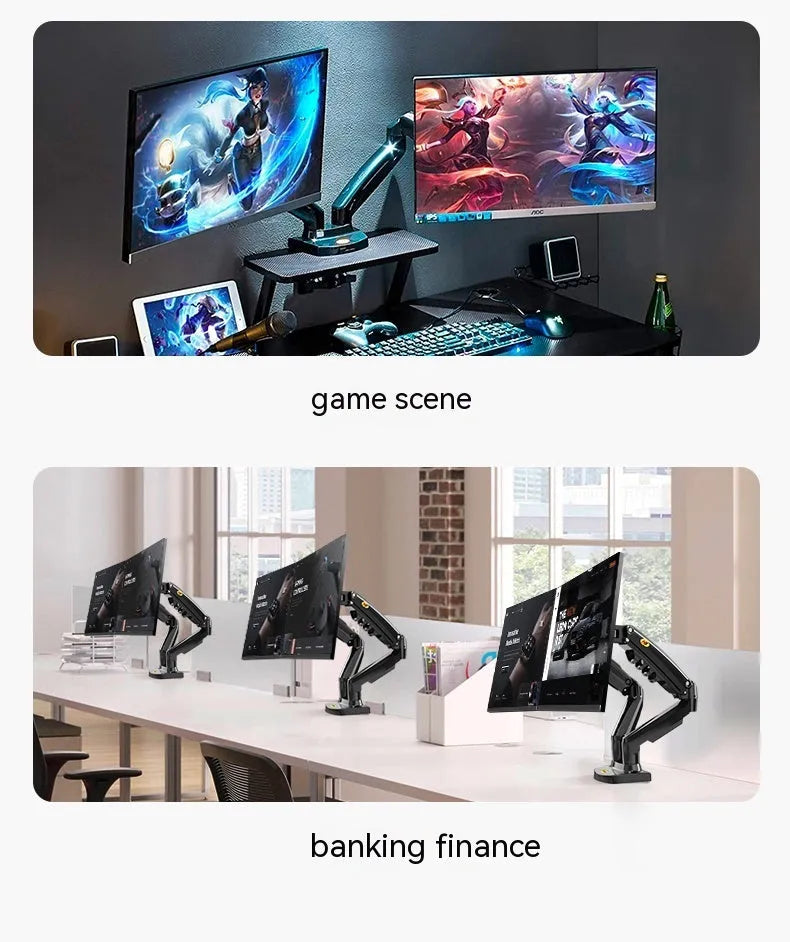 Dual screen monitor lifting bracket made of aluminium and black ABS plastic, showing VESA mount compatibility.