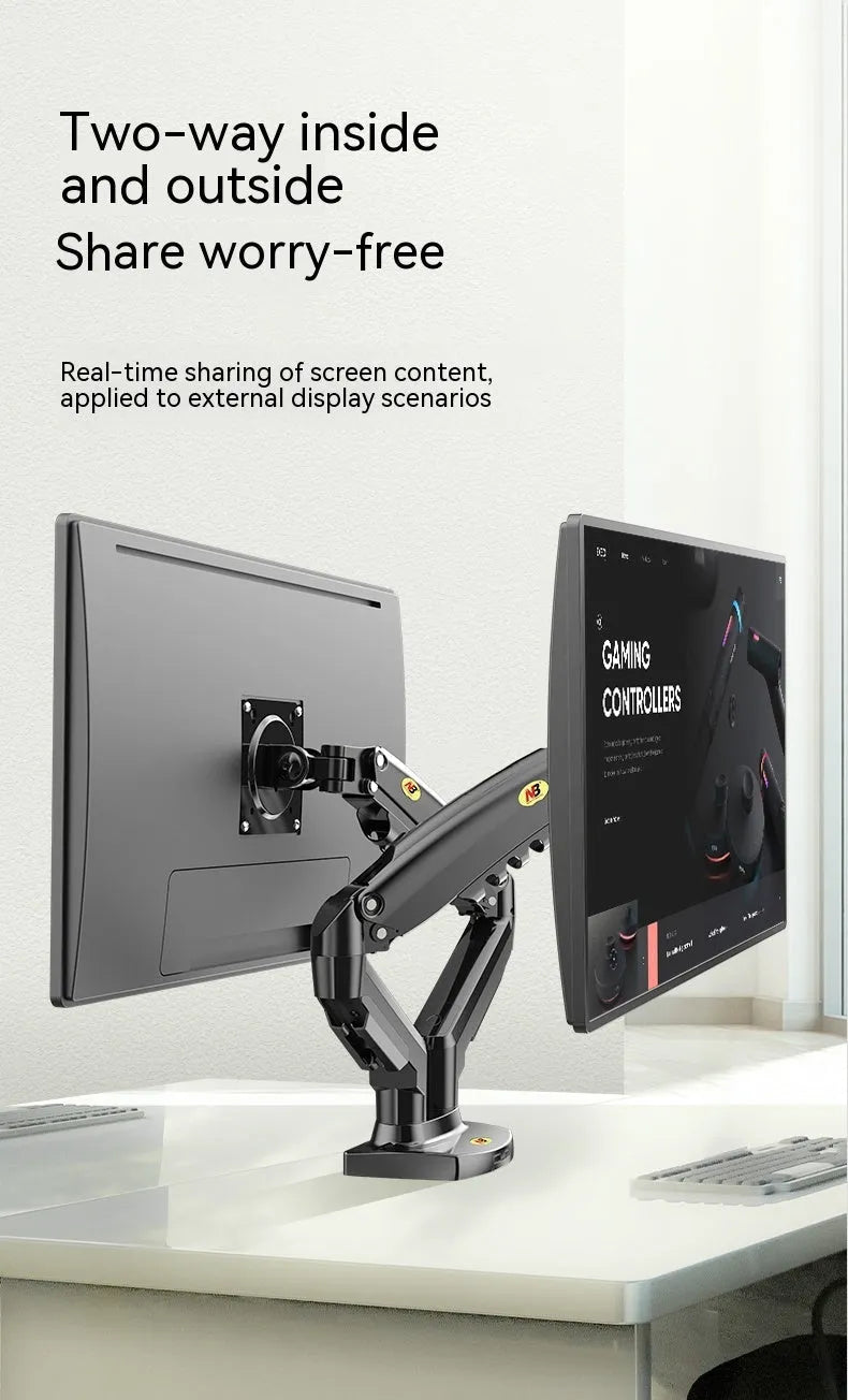 Dual screen monitor lifting bracket made of aluminium and black ABS plastic, showing VESA mount compatibility.