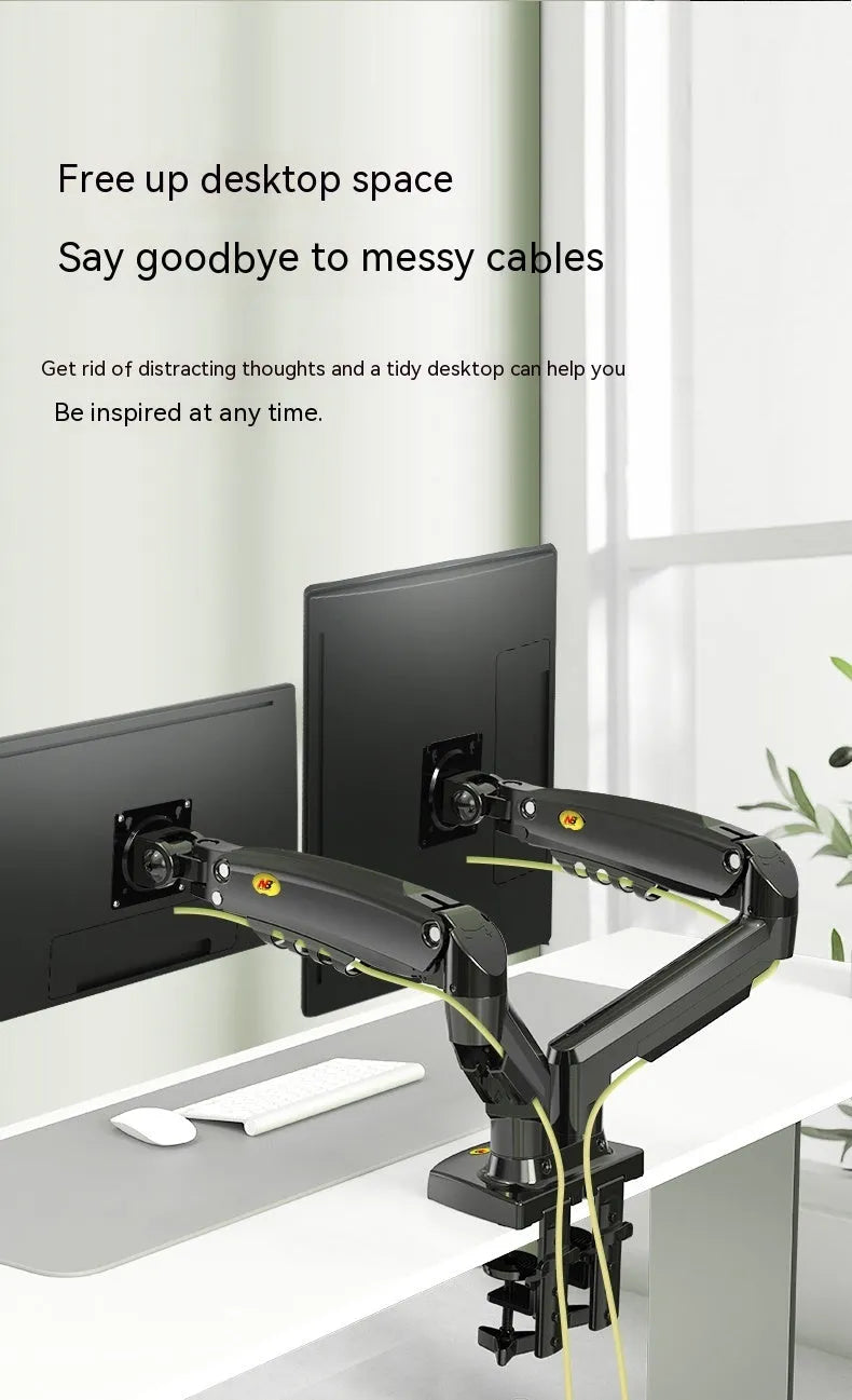 Dual screen monitor lifting bracket made of aluminium and black ABS plastic, showing VESA mount compatibility.