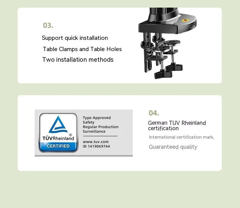 Dual screen monitor lifting bracket made of aluminium and black ABS plastic, showing VESA mount compatibility.