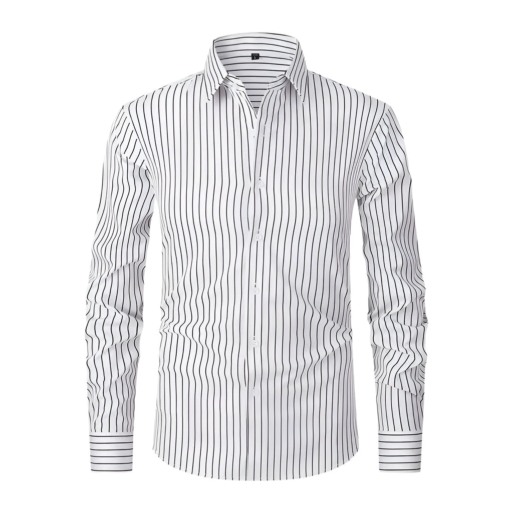 Men's slim fit striped long sleeve business shirt in polyester blend fabric on a hanger