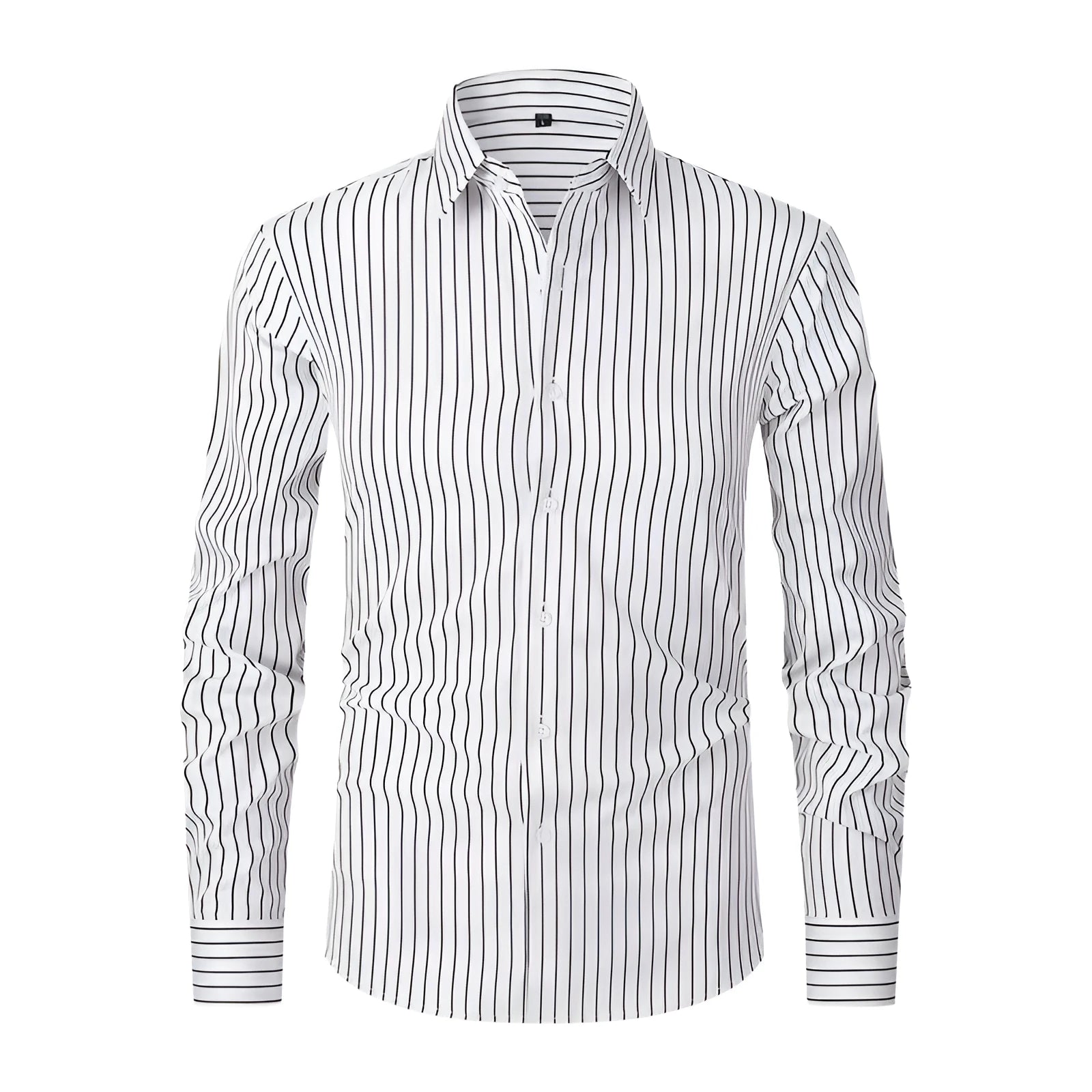 Men's slim fit striped long sleeve business shirt in polyester blend fabric on a hanger