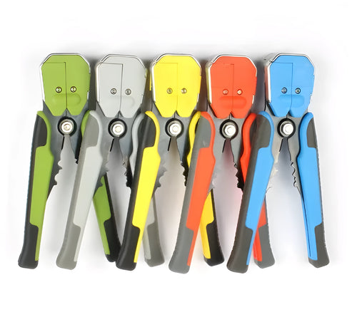 Yellow metal 3-in-1 automatic wire stripper crimping plier with cutting jaws for electrical cable work
