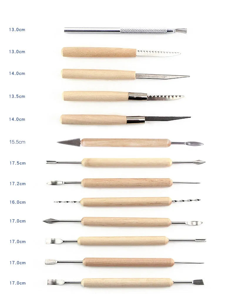27-piece pottery tool set with roller, featuring wood, stainless steel, and plastic sculpting tools on a table.