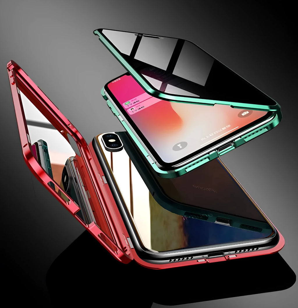 Black magnetic privacy phone case with clamshell design showing anti-peeping screen