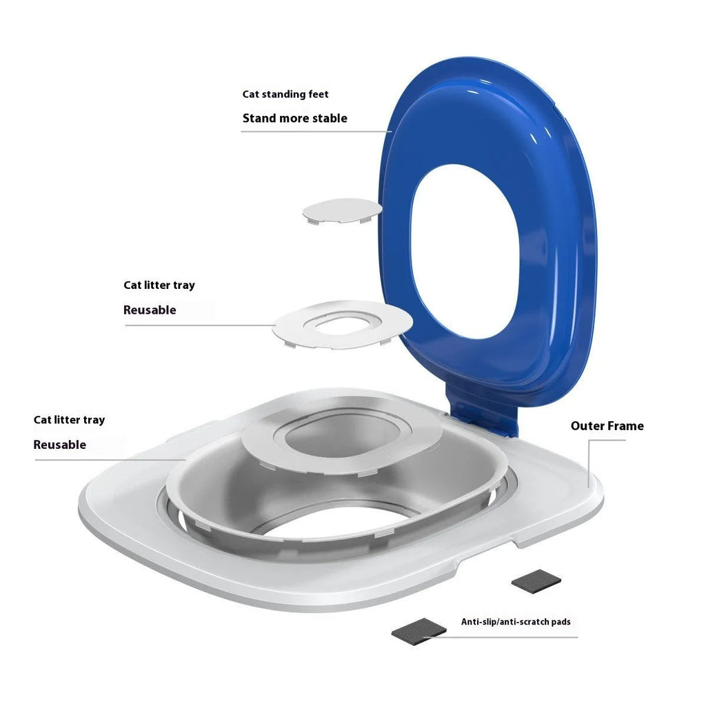 Fifth generation cat toilet trainer in blue ABS plastic with new shape design for litter training on a white background