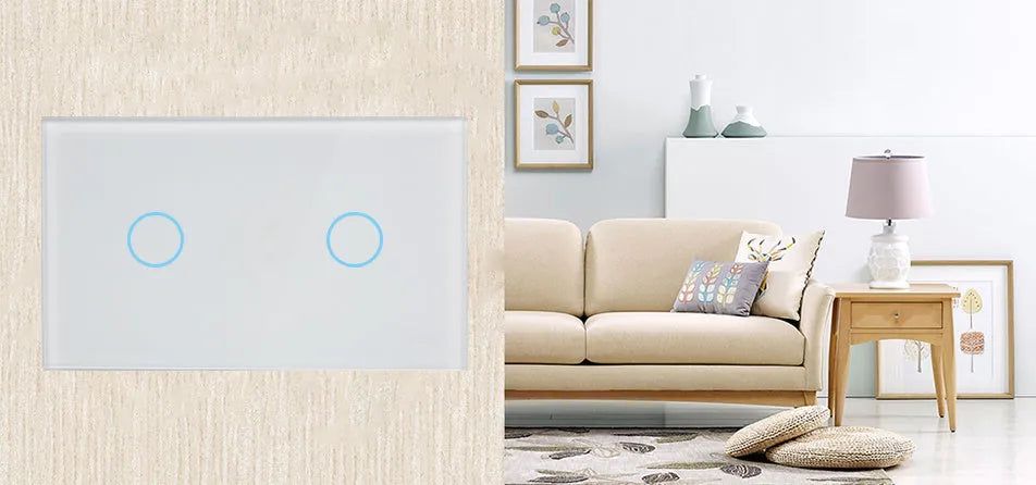 2-gang RF remote control touch light switch with tempered glass panel in white, black or gold finish