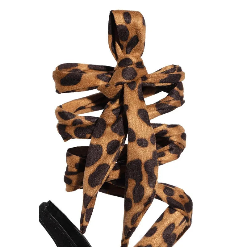 Light brown women's high heels with leopard print pattern and Roman-style cross straps on 8CM+ fine heels