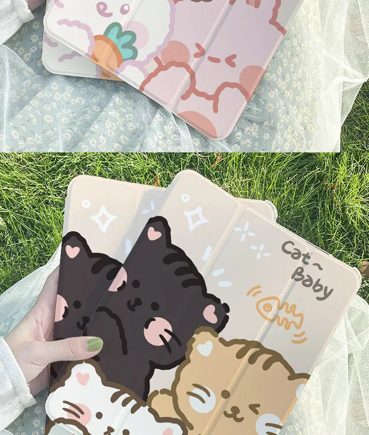 Silicone tri-fold iPad protective case with cartoon rabbit design shown open as a stand