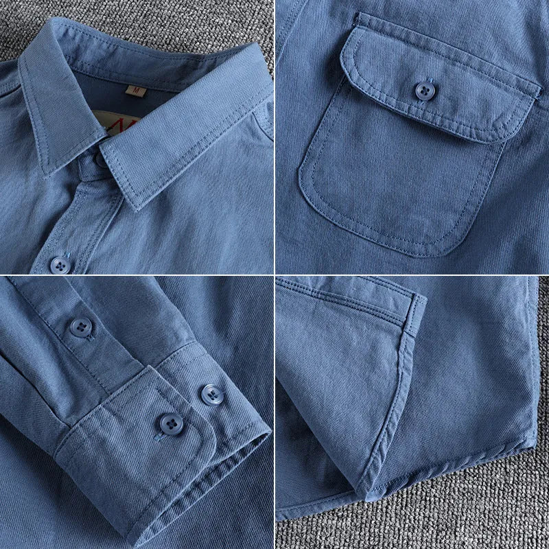 British retro style men's long sleeve cotton shirt in solid light blue colour with cardigan design