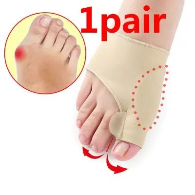 A pair of stretch fabric bunion socks with a soft gel pad and silicone toe separator in sizes small, medium, and large.