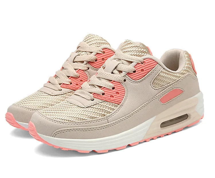 Women's low-heel casual shoes in beige, grey, and pink purple, showing a 3.5cm heel.