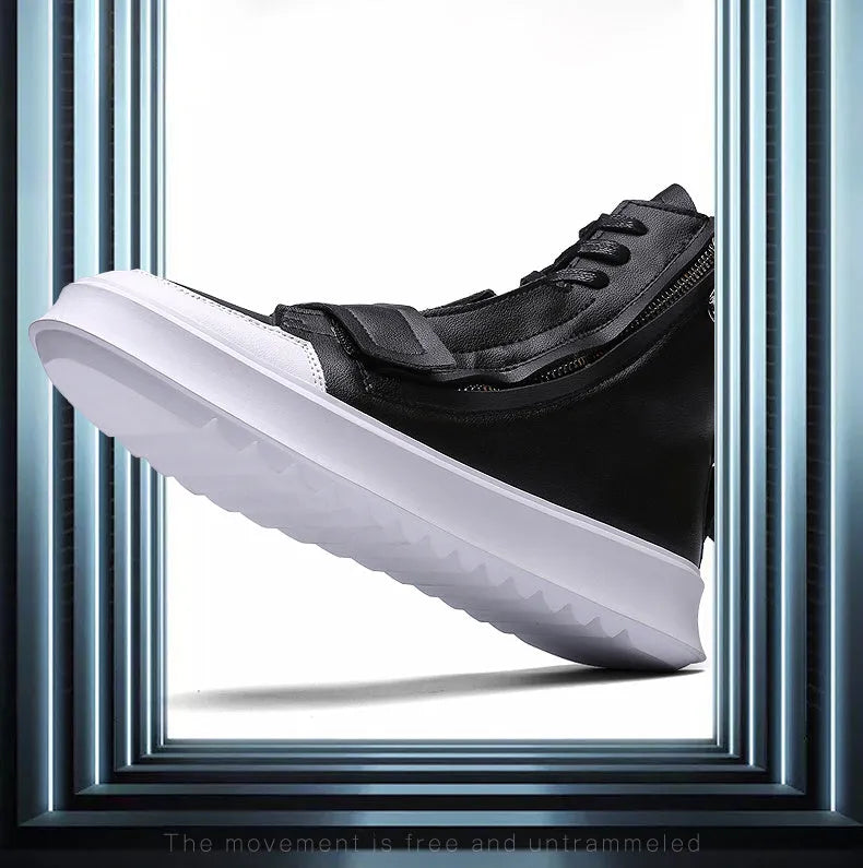 Black and white PU leather men's winter ankle boots in a high-top sneaker style on a size chart.