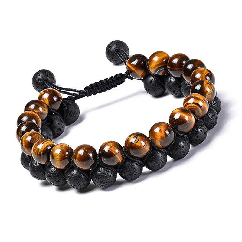 A pair of matte black agate bead bracelets with geometric design for him and her.