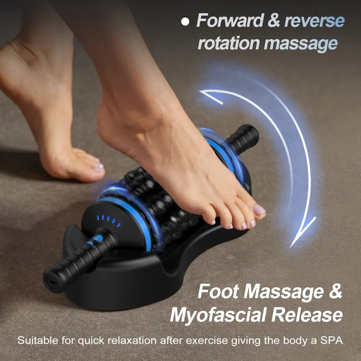 Handheld electric muscle massager with rolling nodes in blue ABS plastic