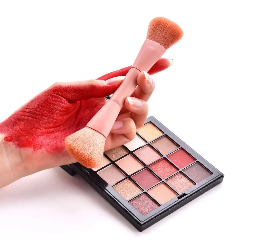 10-piece wooden handle makeup brush set with nylon bristles in a storage case.