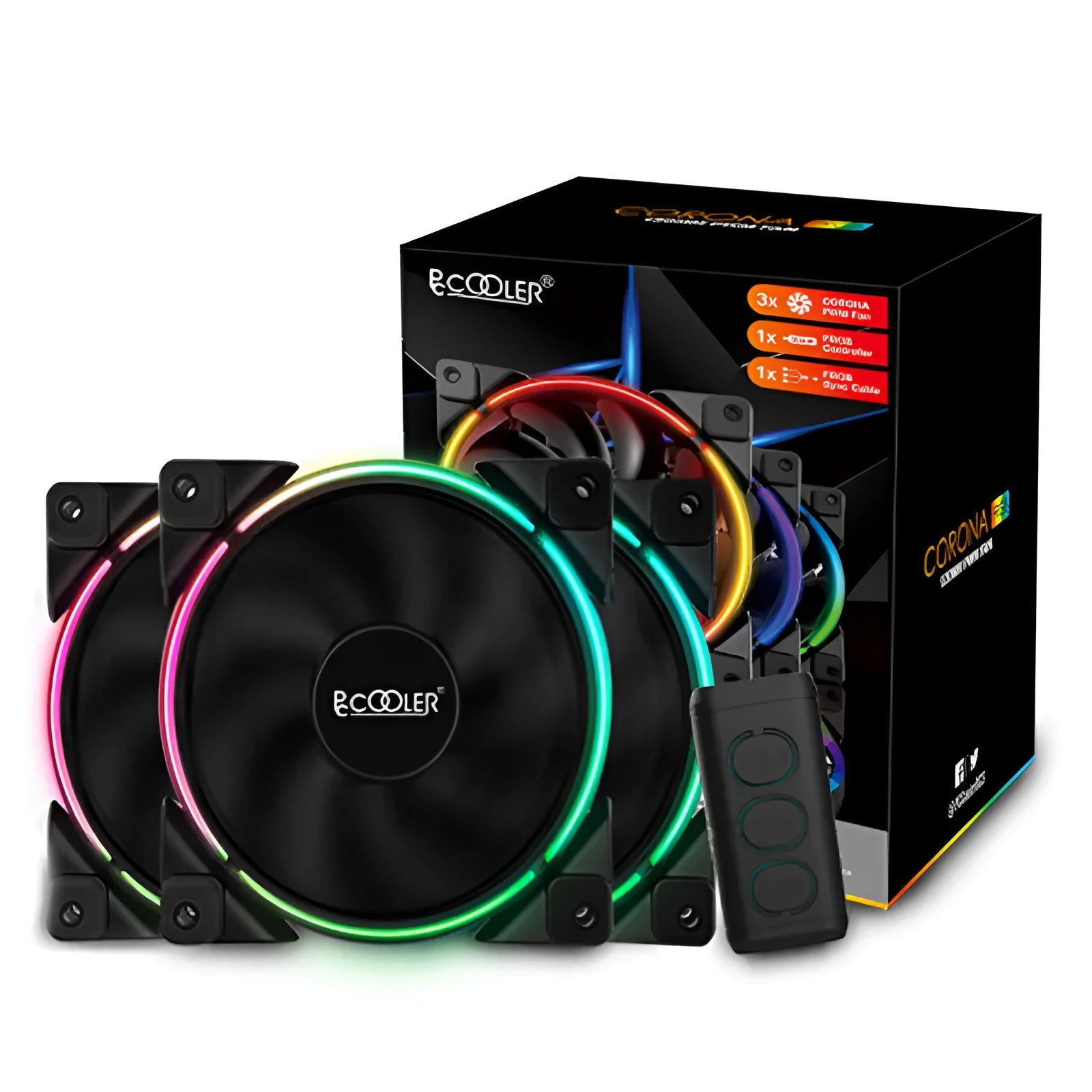 Three black 120mm RGB PC case fans with illuminated blades, shown as a set.
