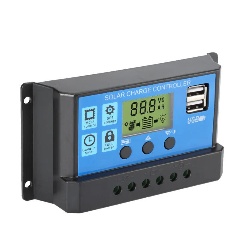 Solar LCD charge and discharge controller with large screen display and PWM charging for 12V 24V lead-acid batteries