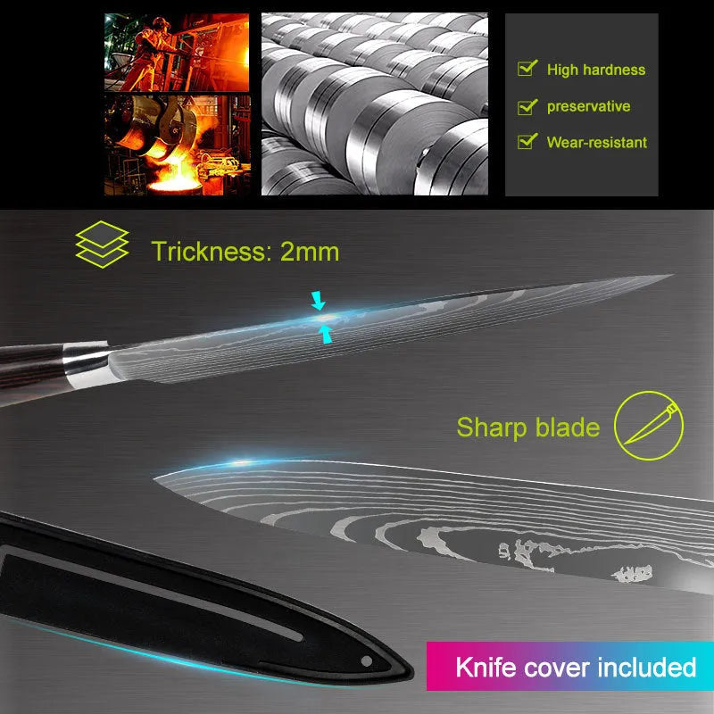 Kitchen chef knife with laser Damascus pattern on 7CR17 stainless steel blade and colour steel handle