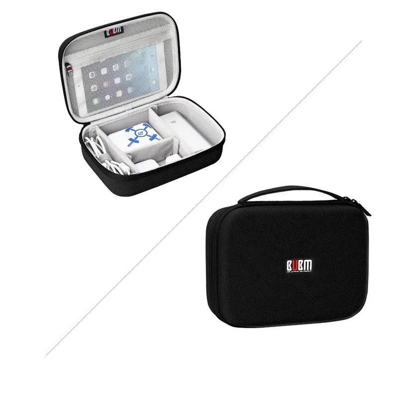 Black EVA digital storage bag with headset storage compartments open showing organisation for cables and accessories