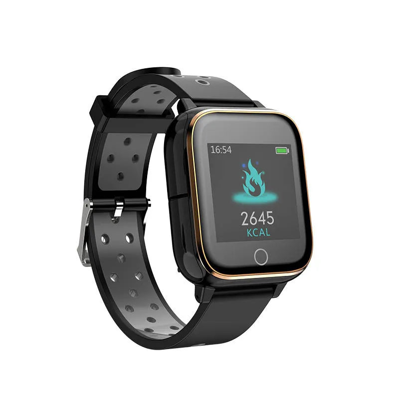 Black smart watch with integrated Bluetooth earbuds showing fitness tracking display