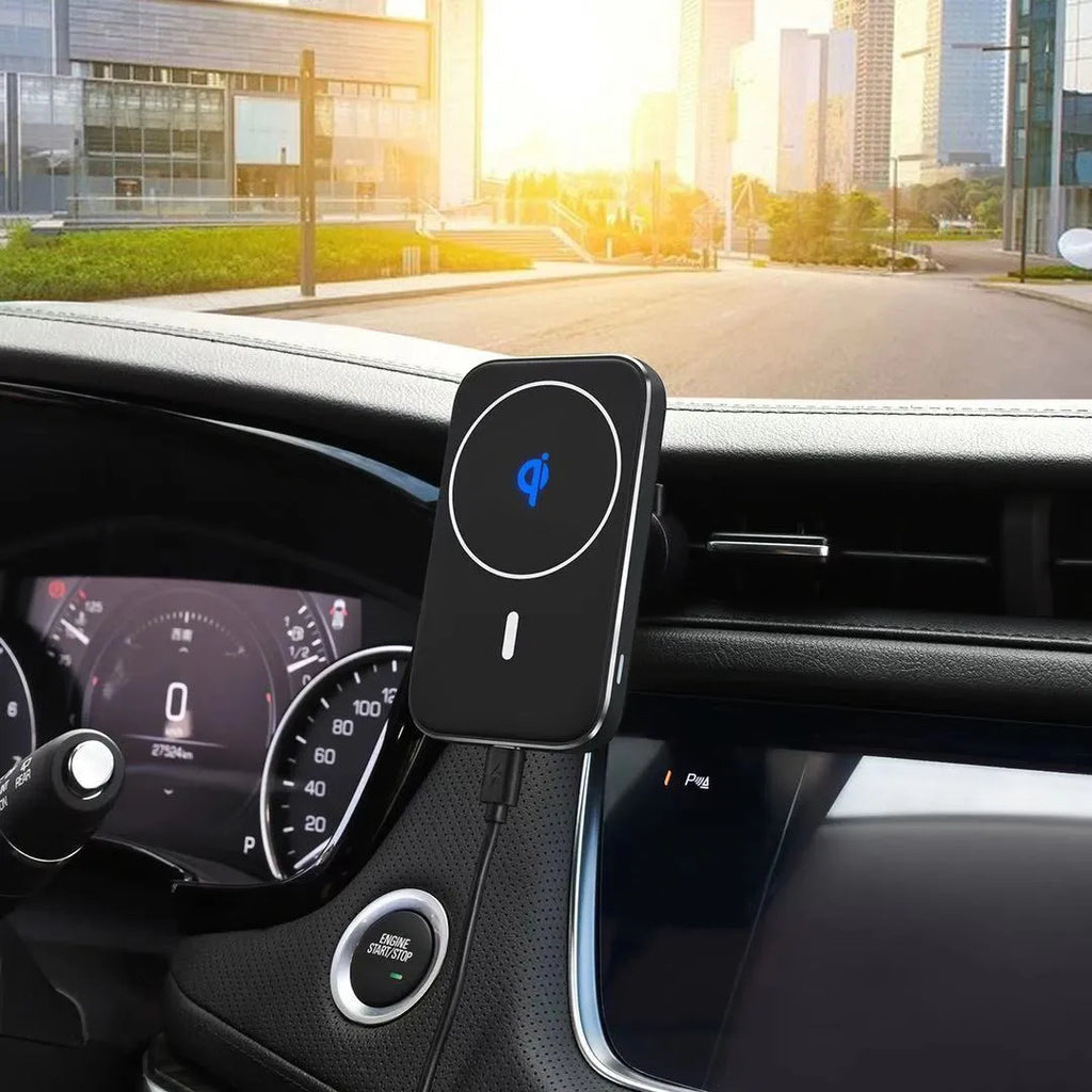 Black M6 magnetic wireless charging car phone bracket mounted on dashboard